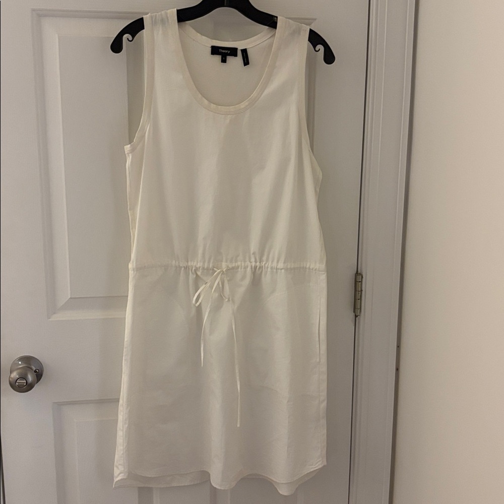 Theory White Sleeveless Cotton Cinch Dress with pockets